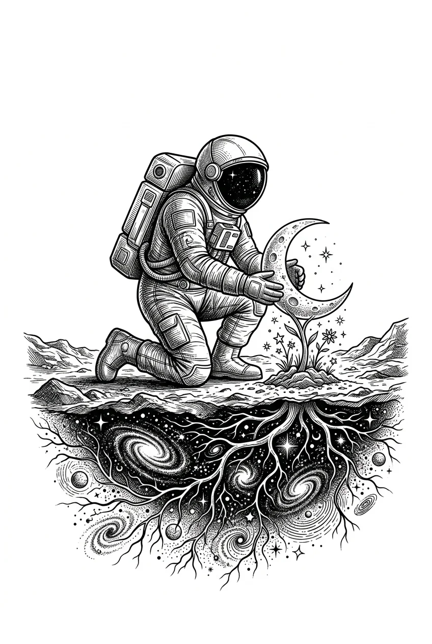 Custom Black & White AI moon & sun tattoo — A lone astronaut kneels in an empty cosmic landscape, gently planting a crescent
