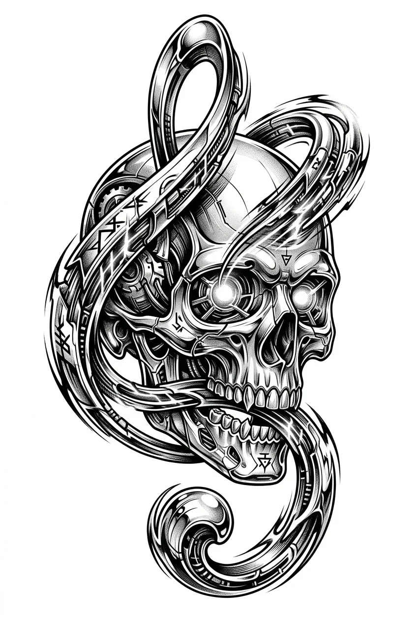 Cybersigilism Black & White AI tattoo — An ultra-realistic 3D tattoo of a biomechanical skull fused with a living treble