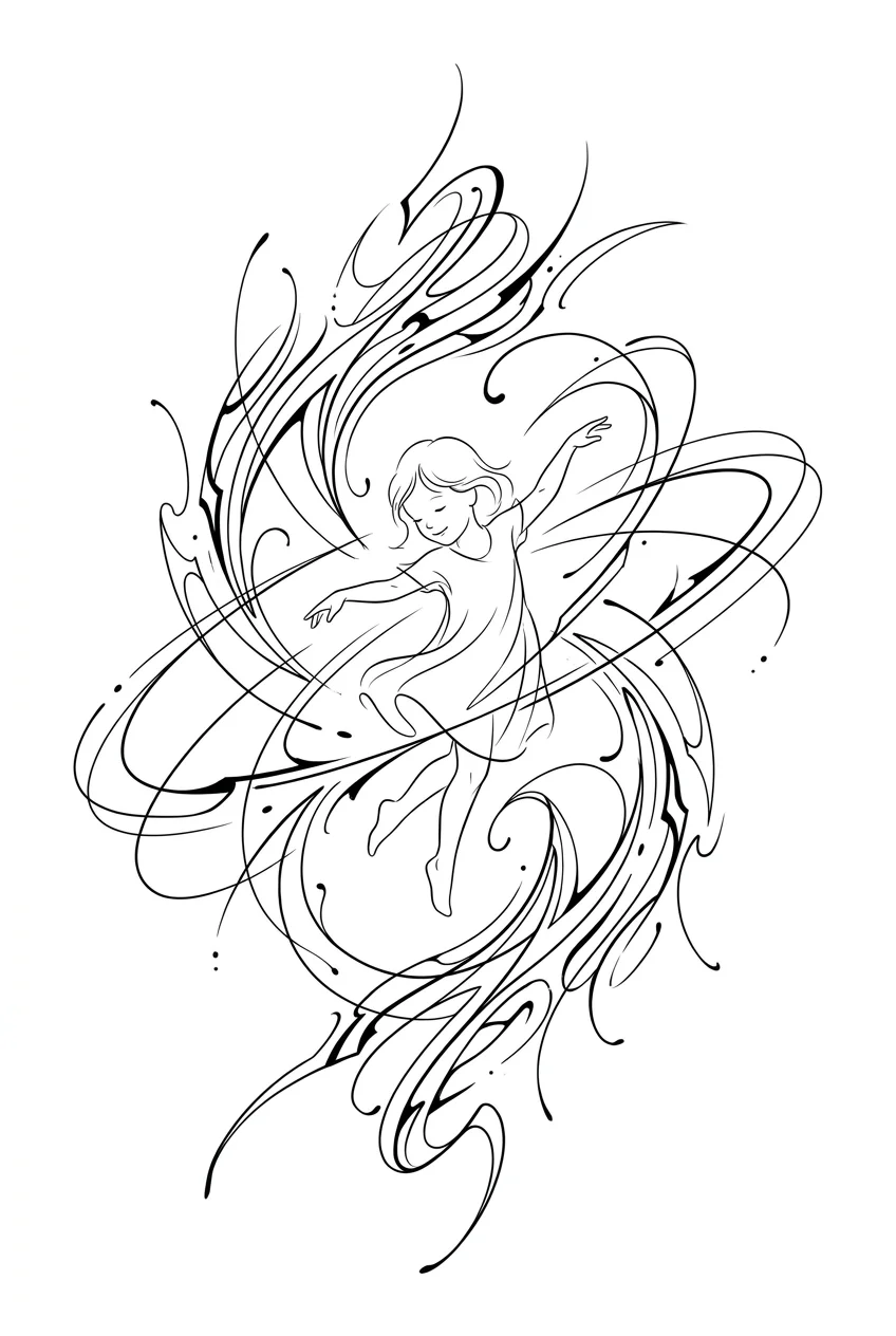Custom Black & White AI tattoo — A conceptual tattoo of a small child performing a carefree dance while floating 