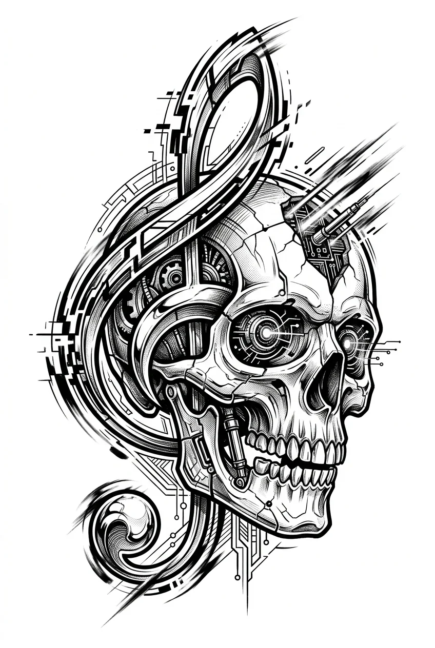 Cybersigilism Black & White AI tattoo — An ultra-realistic 3D tattoo of a biomechanical skull fused with a living treble
