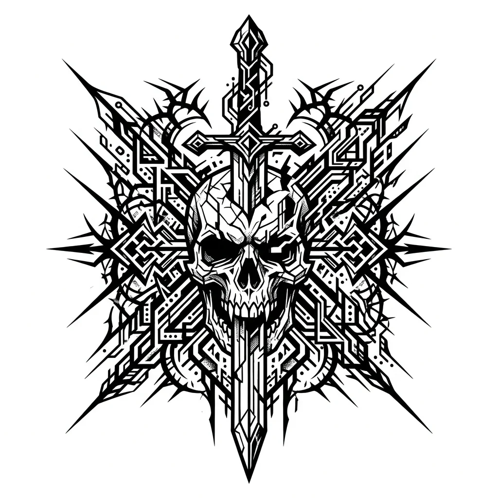 Cybersigilism Black & White AI dagger & sword tattoo — Sword and skull