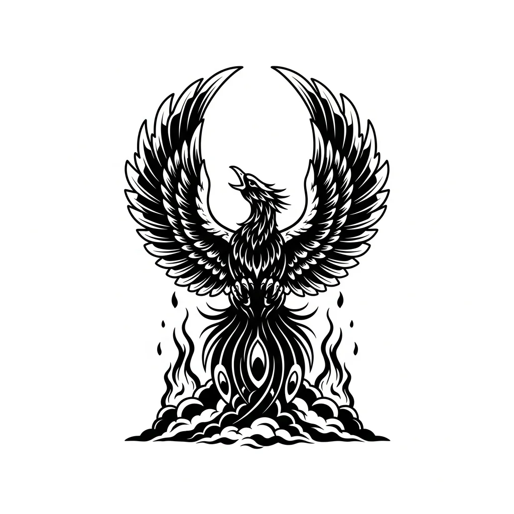 Neo Traditional Black & White AI phoenix tattoo — Phoenix  raising up from ash