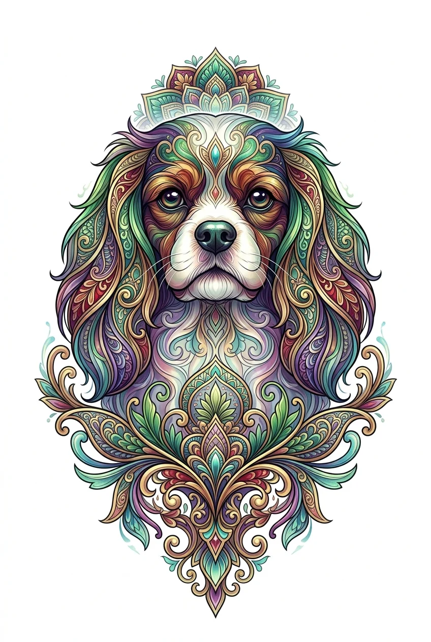 Ornamental Color AI tattoo — Elegant ornamental colorful tattoo design of a cavalier charles king spaniel dog