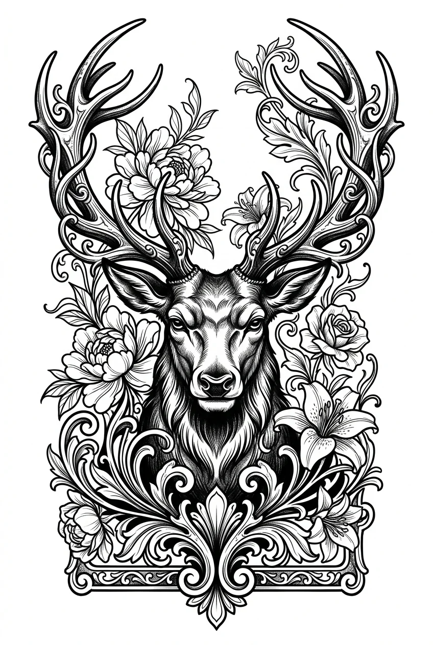 Neo Traditional Black & White AI rose tattoo — A regal stag head with art nouveau floral framing