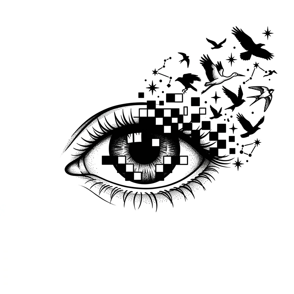 Custom Black & White AI tattoo — Blackwork tattoo, realistic human eye partially hidden behind digital pixel cens