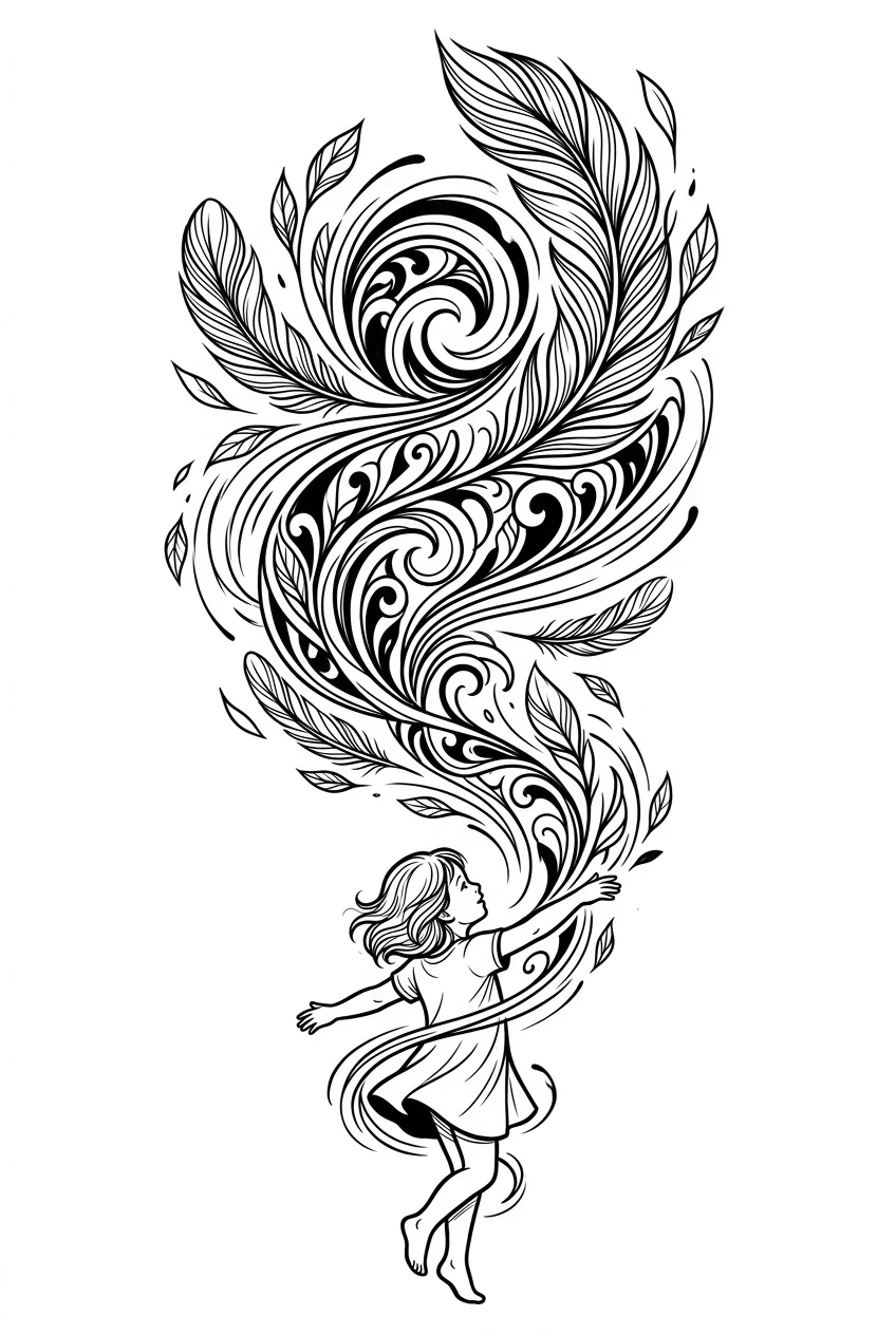 Custom Black & White AI tattoo — A conceptual tattoo of a little child spinning freely in a dance, gradually tran
