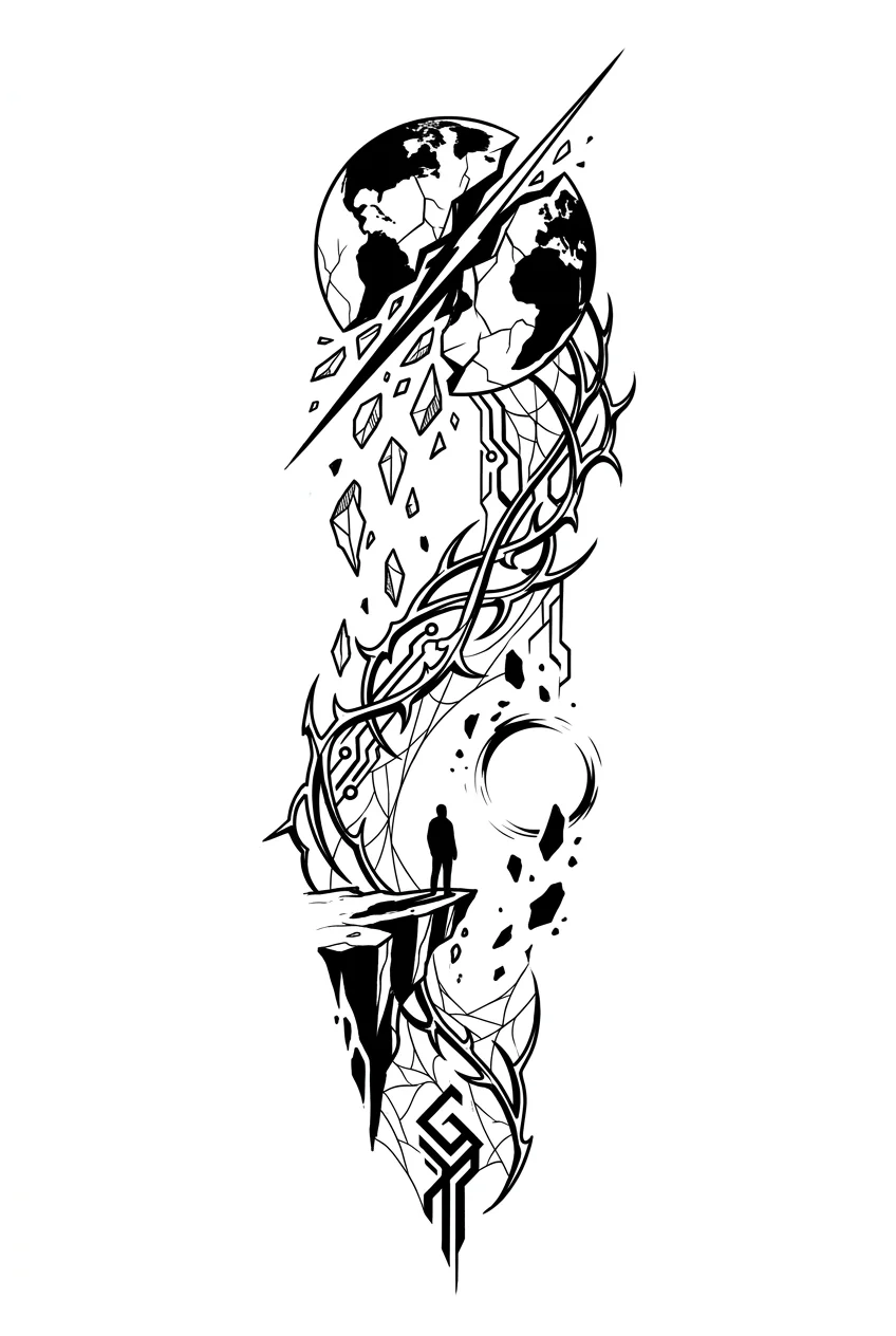 Cybersigilism Black & White AI moon & sun tattoo — A vertical cybernetic cascade down the arm. At the shoulder, a fractured planet 