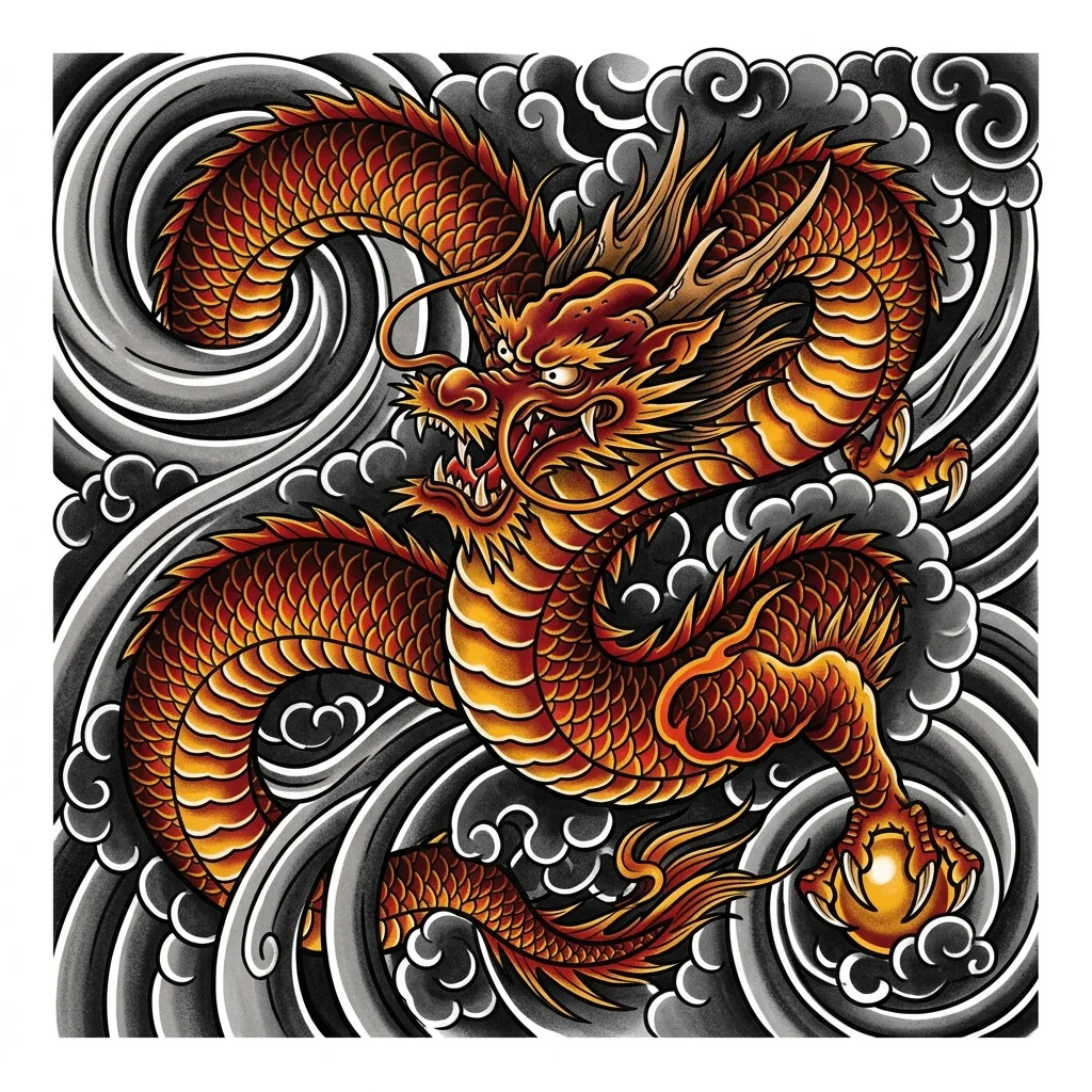Irezumi Color AI dragon tattoo — Traditional Irezumi dragon, a serpentine body winding through heavy grey wind ba