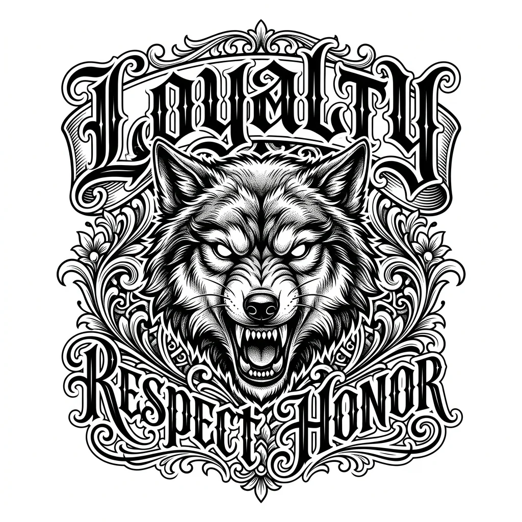 Chicano Lettering Black & White AI wolf tattoo — Wolf face, looking just straight to the camera