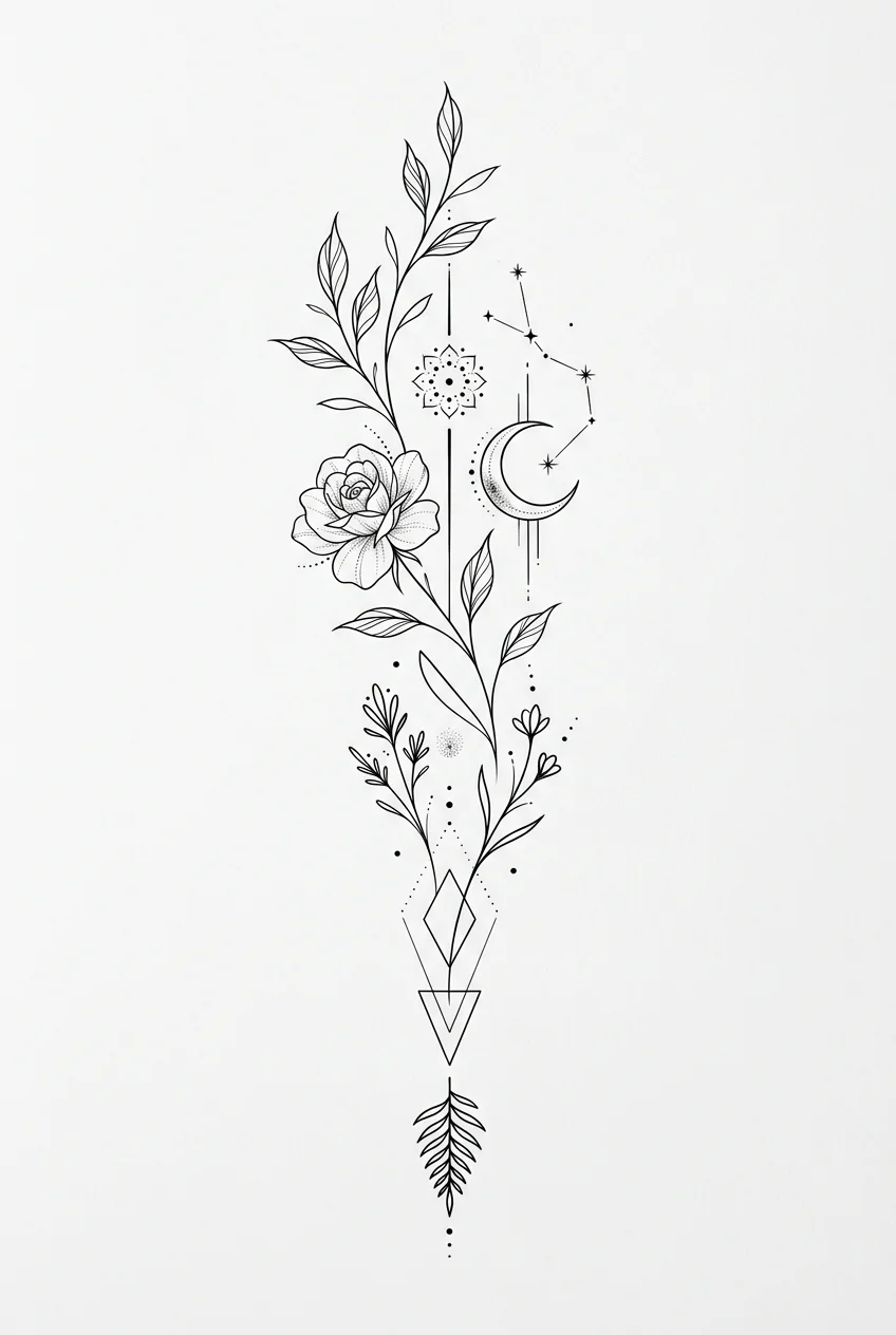 Minimalist Black & White AI tattoo — "minimalist fine line tattoo design, single needle, black ink, white background"