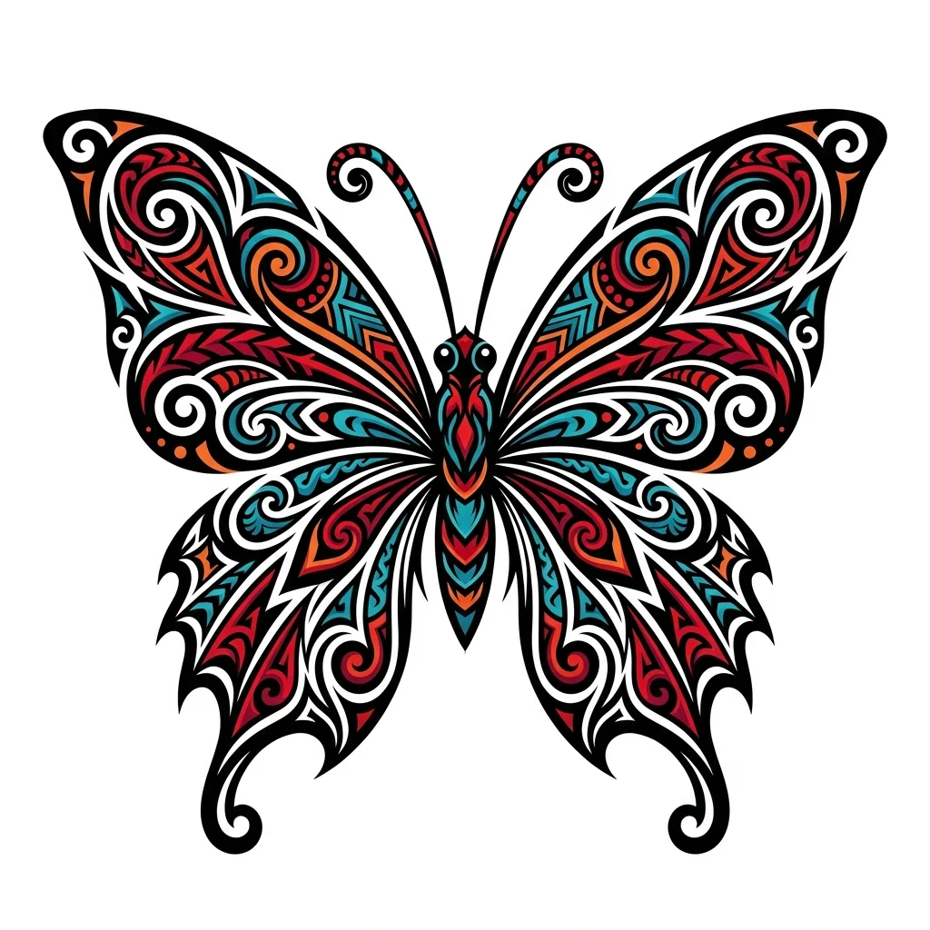 Tribal Color AI butterfly tattoo — Symmetrical butterfly, no text.