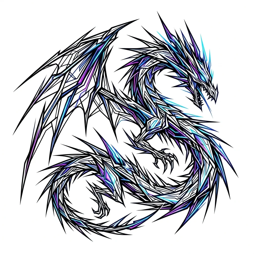 Cybersigilism Color AI dragon tattoo — Abstract dragon in Cybersigilism style, sharp bio-organic spikes and jagged need
