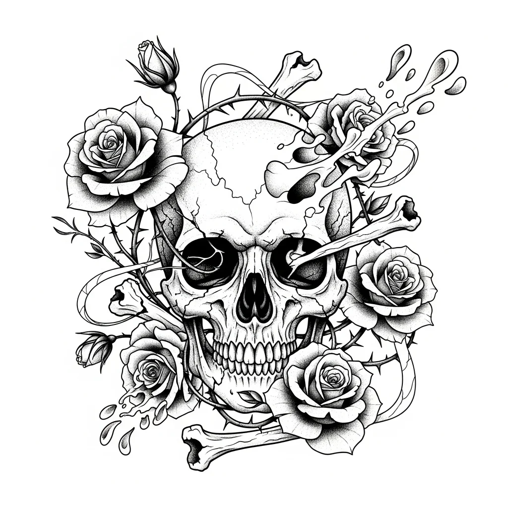 Custom Black & White AI skull tattoo — Skull and roses