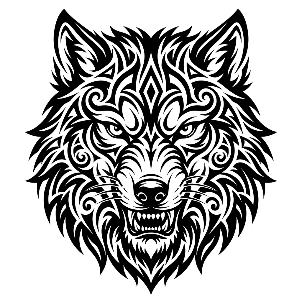 Tribal Black & White AI wolf tattoo — Wolf face, looking just straight to the camera