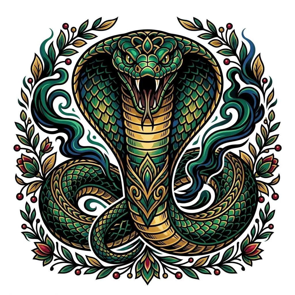 Minimalist Color AI snake tattoo — Snake tattoo, a large king cobra with flared hood, bold varying line weights, ri