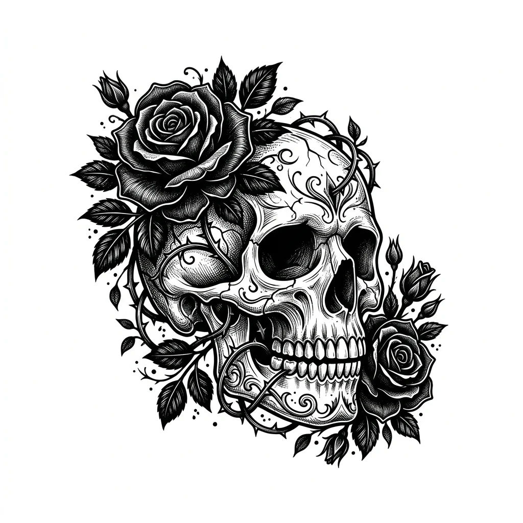 Custom Black & White AI skull tattoo — Skull and roses
