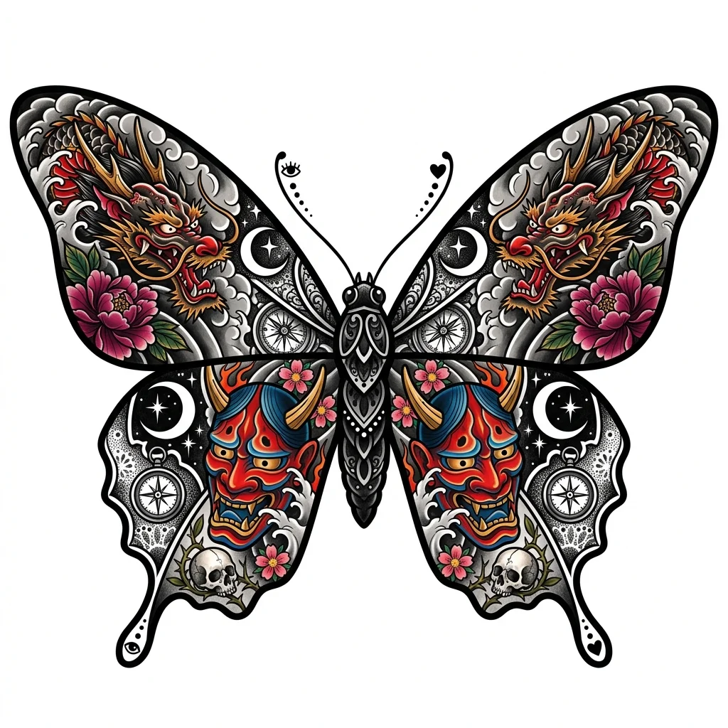 Cohesive Patchwork Color AI butterfly tattoo — Symmetrical butterfly, no text.