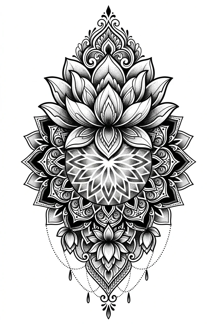Ornamental Black & White AI lotus tattoo — An intricate mandala with lotus petals and dotwork
