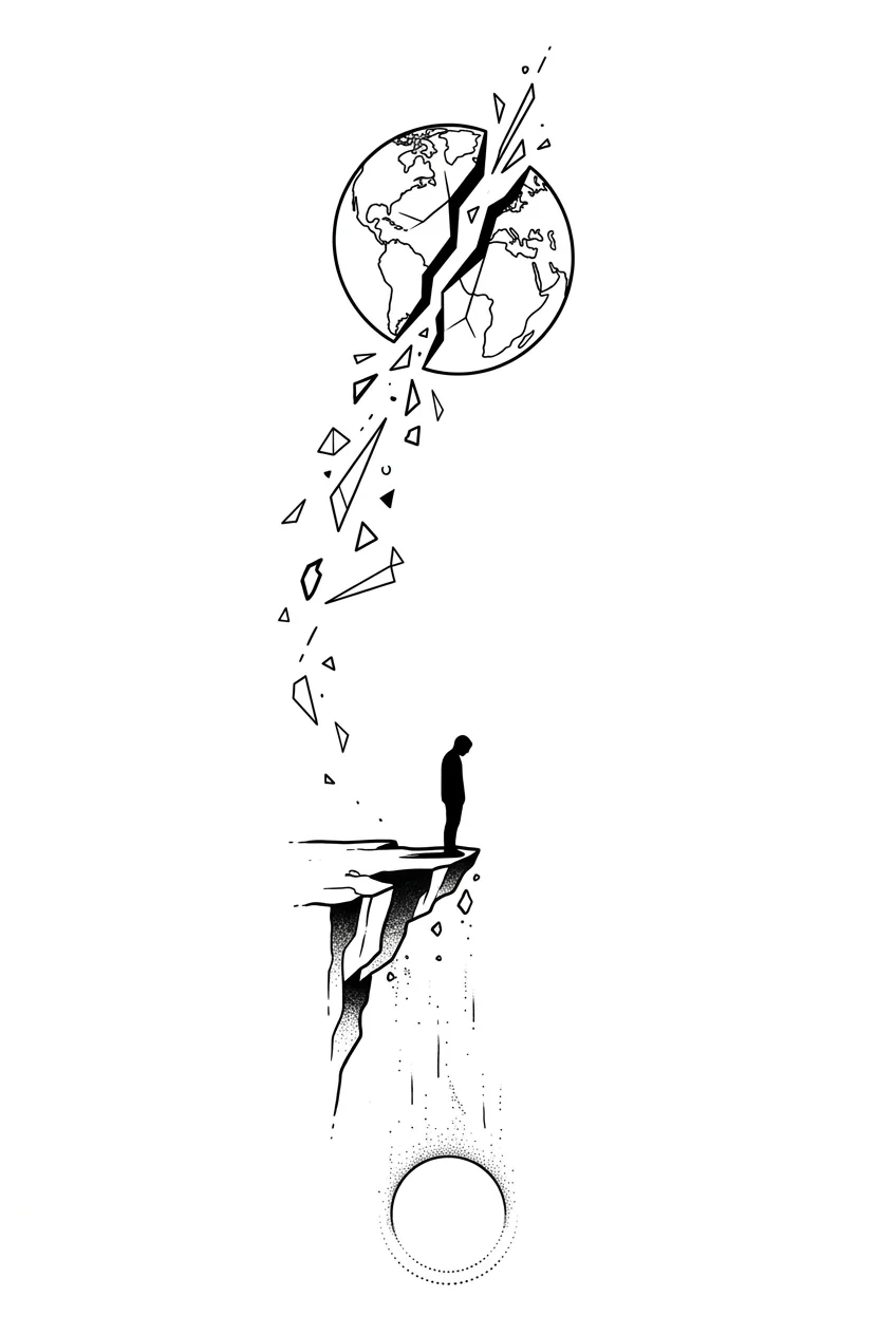 Minimalist Black & White AI moon & sun tattoo — A vertical cascade flowing down the arm. At the shoulder, a single fractured pla