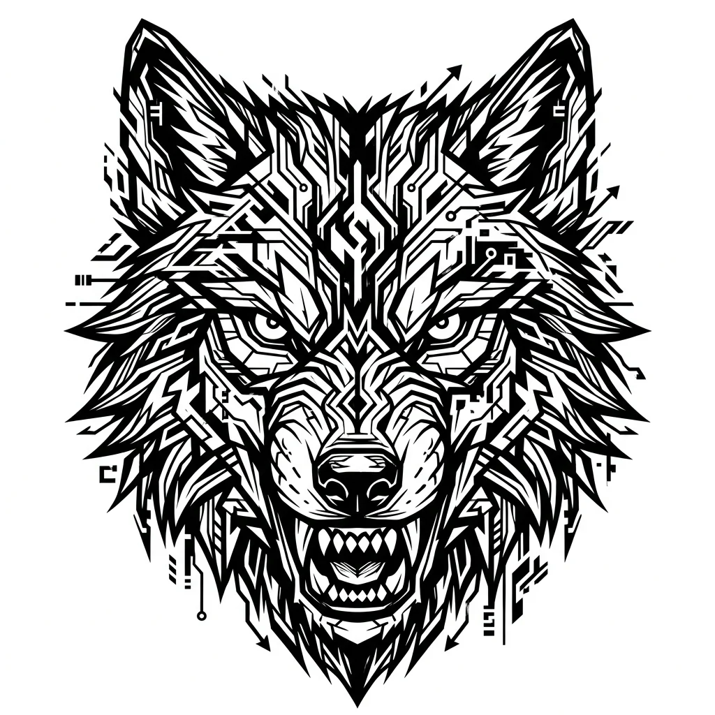 Cybersigilism Black & White AI wolf tattoo — Wolf face, looking just straight to the camera