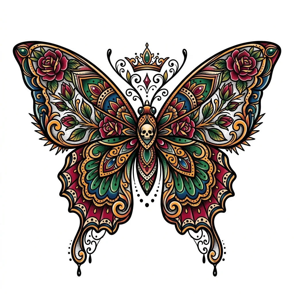 Neo Traditional Color AI butterfly tattoo — Symmetrical butterfly, no text.