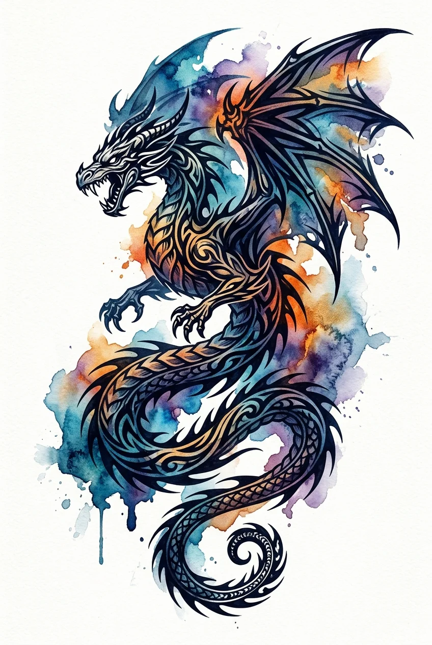 Tribal Watercolor AI dragon tattoo — Dragon