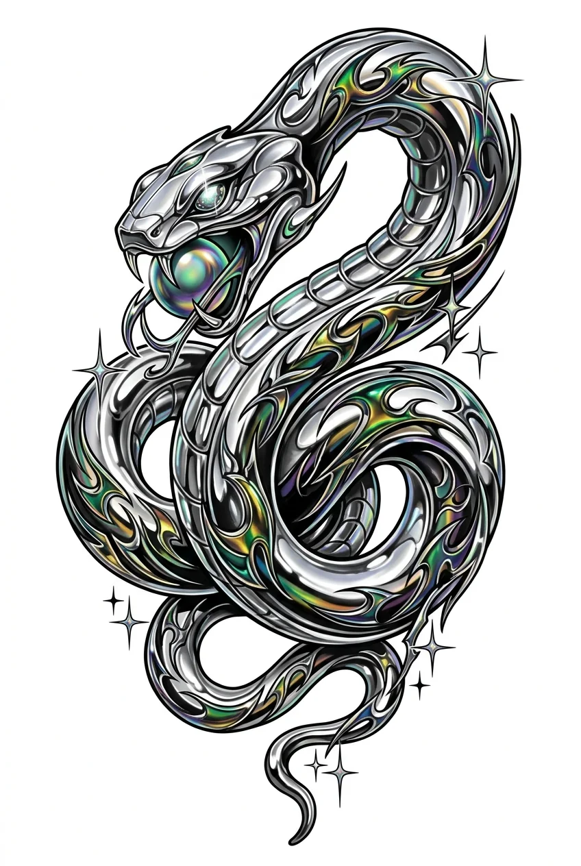 Y2k Chrome Color AI snake tattoo — Futuristic Y2K and Chrome snake, liquid metal aesthetic, high-gloss reflective s