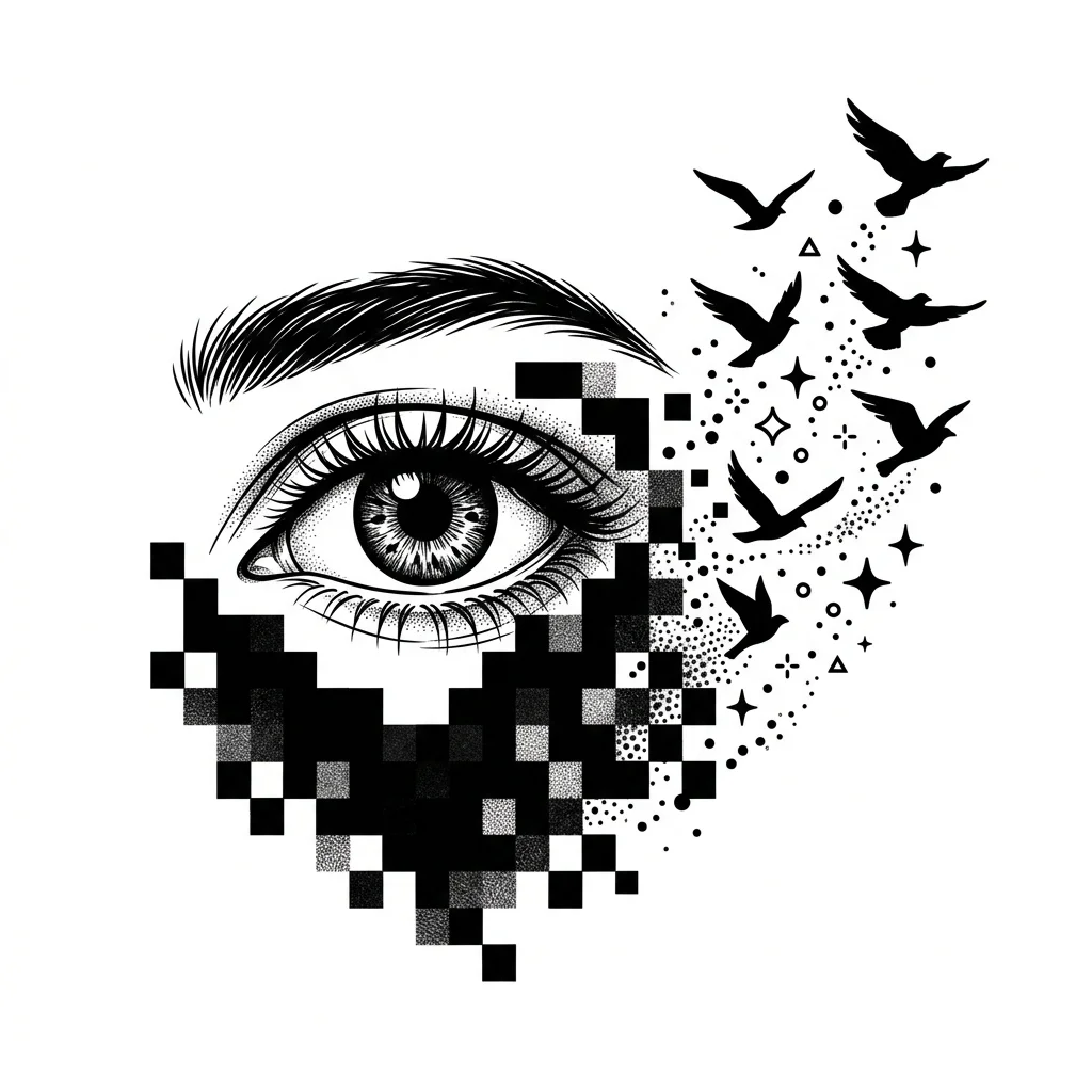Custom Black & White AI tattoo — Blackwork tattoo, realistic human eye partially hidden behind digital pixel cens
