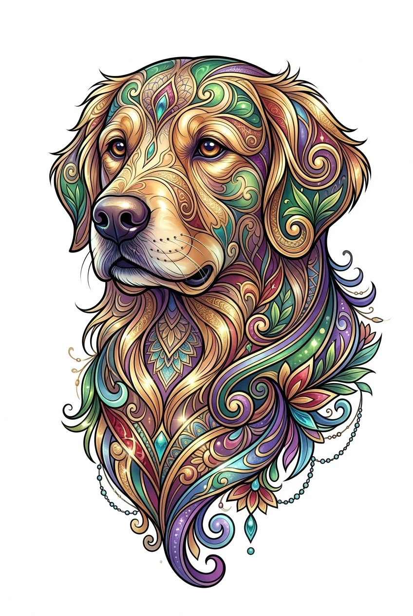 Ornamental Color AI tattoo — Elegant ornamental colorful tattoo design of a golden retriever dog, created wit