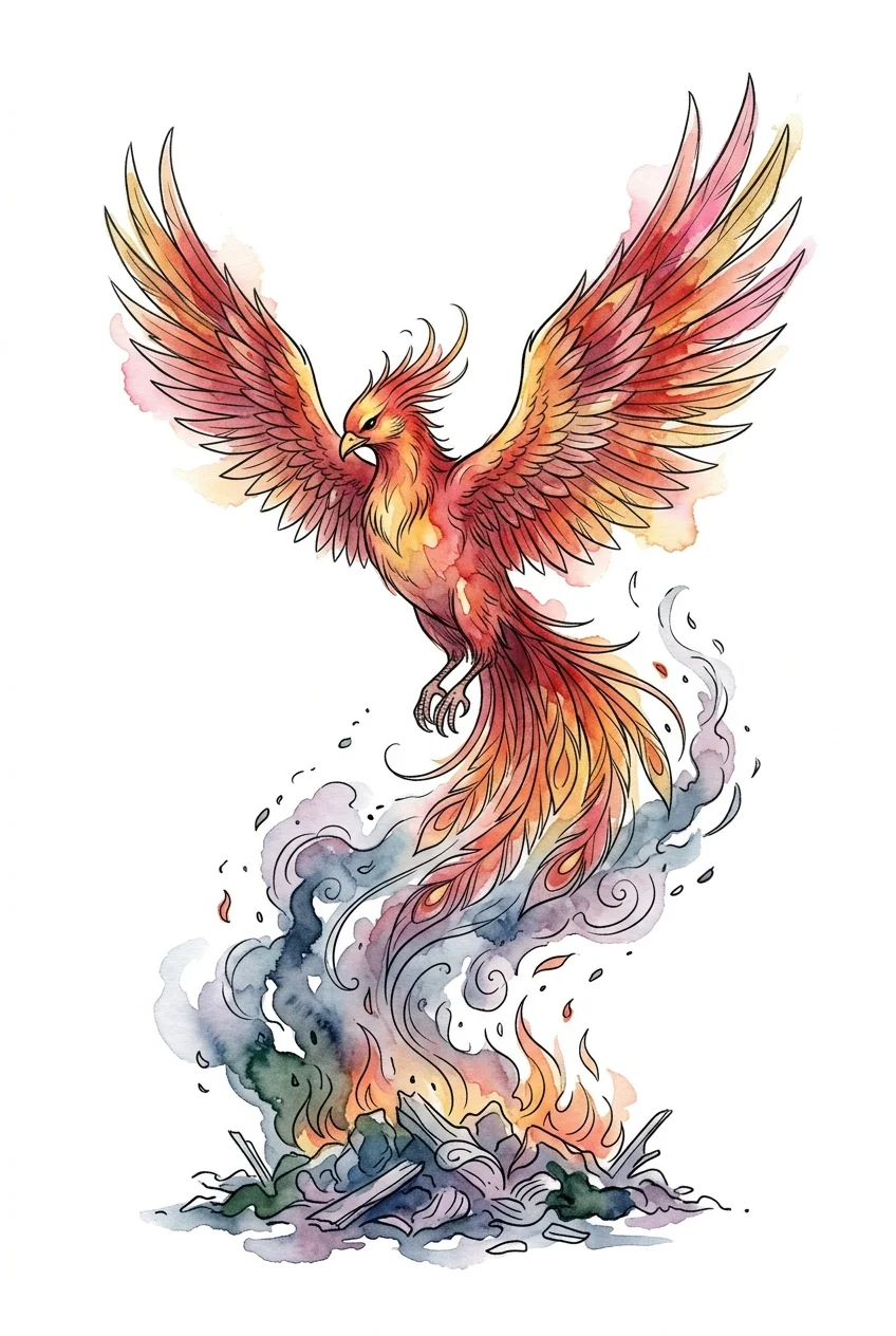 Custom Watercolor AI phoenix tattoo — Phoenix  raising up from ash