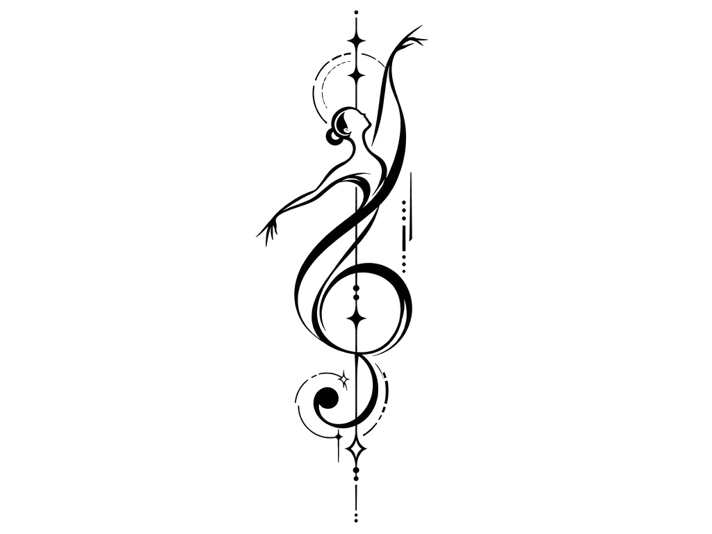 Cybersigilism Black & White AI tattoo — A single, fluid continuous line forms a treble clef that mimics the graceful sil