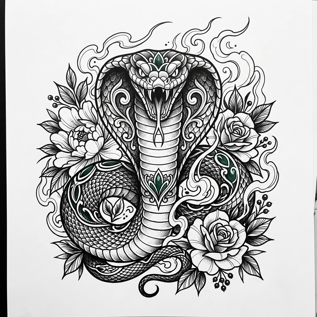 Neo Traditional Black & White AI snake tattoo — Neo-traditional snake tattoo, a large king cobra with flared hood, bold varying 
