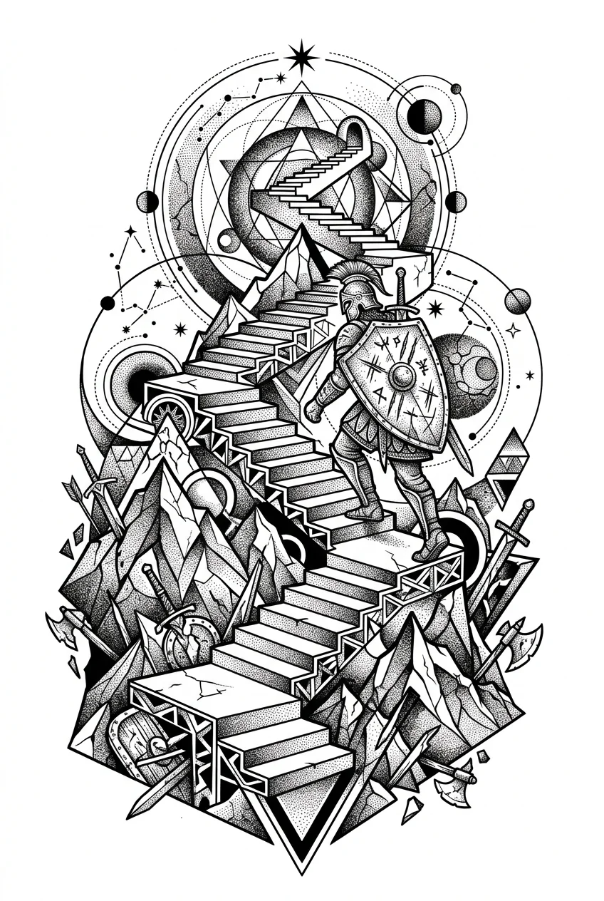 Custom Black & White AI moon & sun tattoo — A surreal tattoo symbolizing the eternal warrior spirit. A warrior climbs an imp