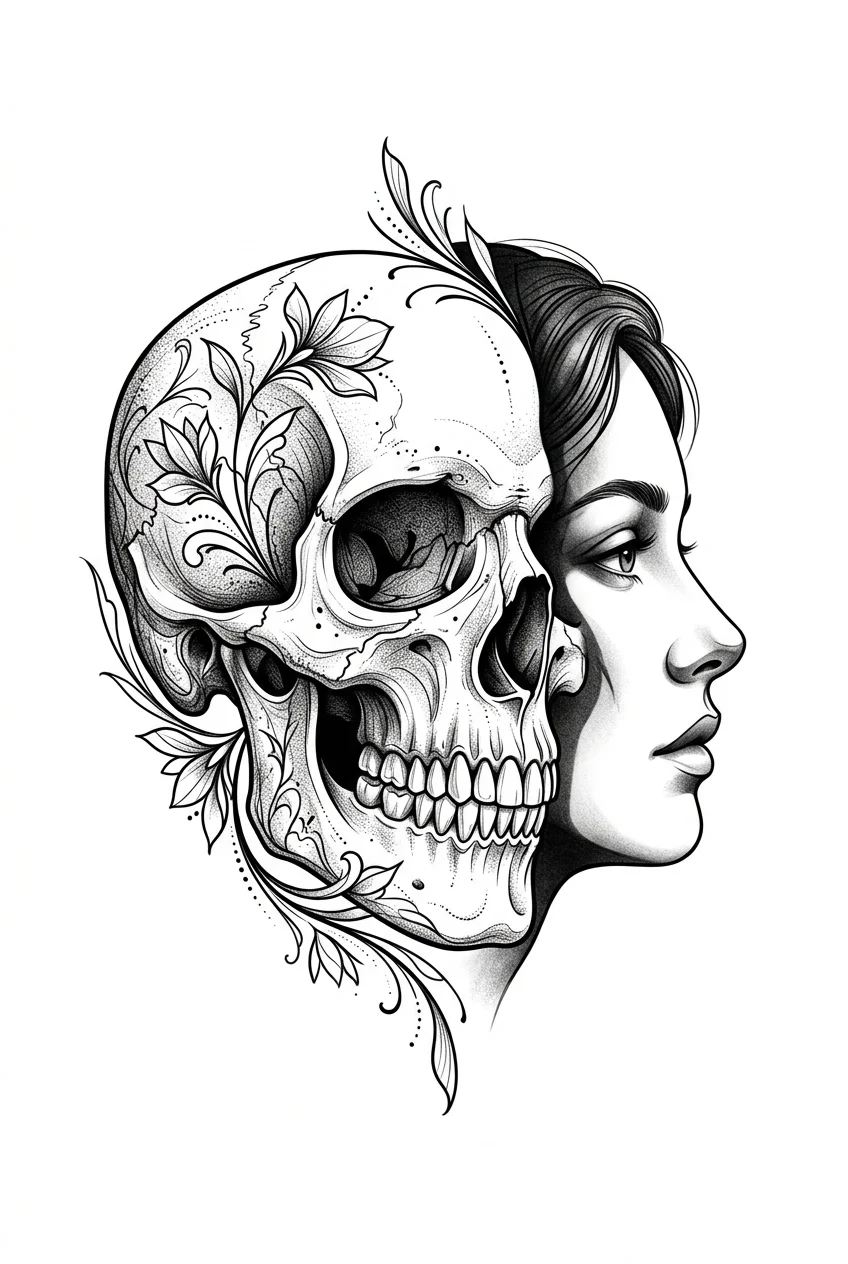 Custom Black & White AI skull tattoo — Fine line black tattoo design, realistic skull casting a shadow shaped like a li