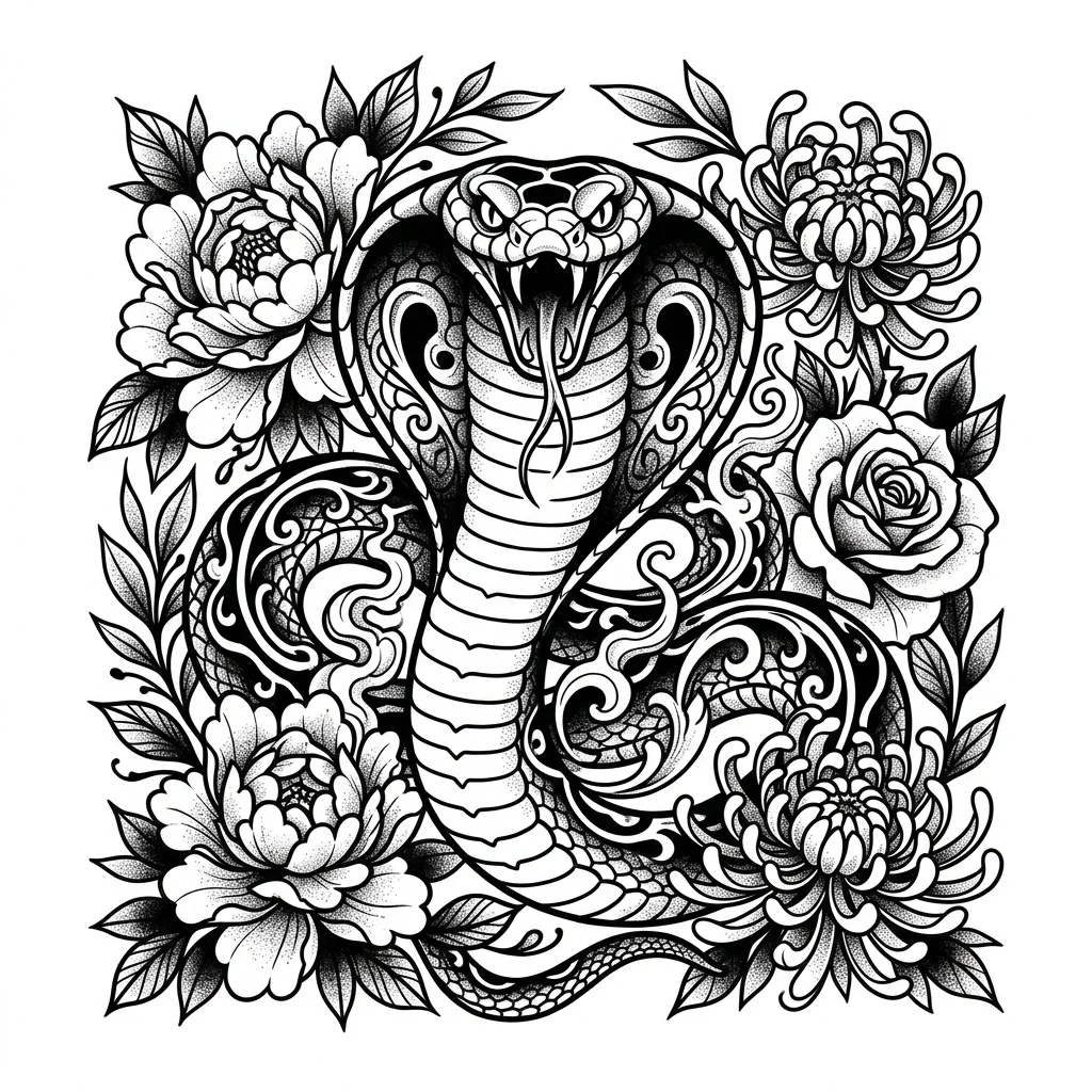 Neo Traditional Black & White AI snake tattoo — Neo-traditional snake tattoo, a large king cobra with flared hood, bold varying 