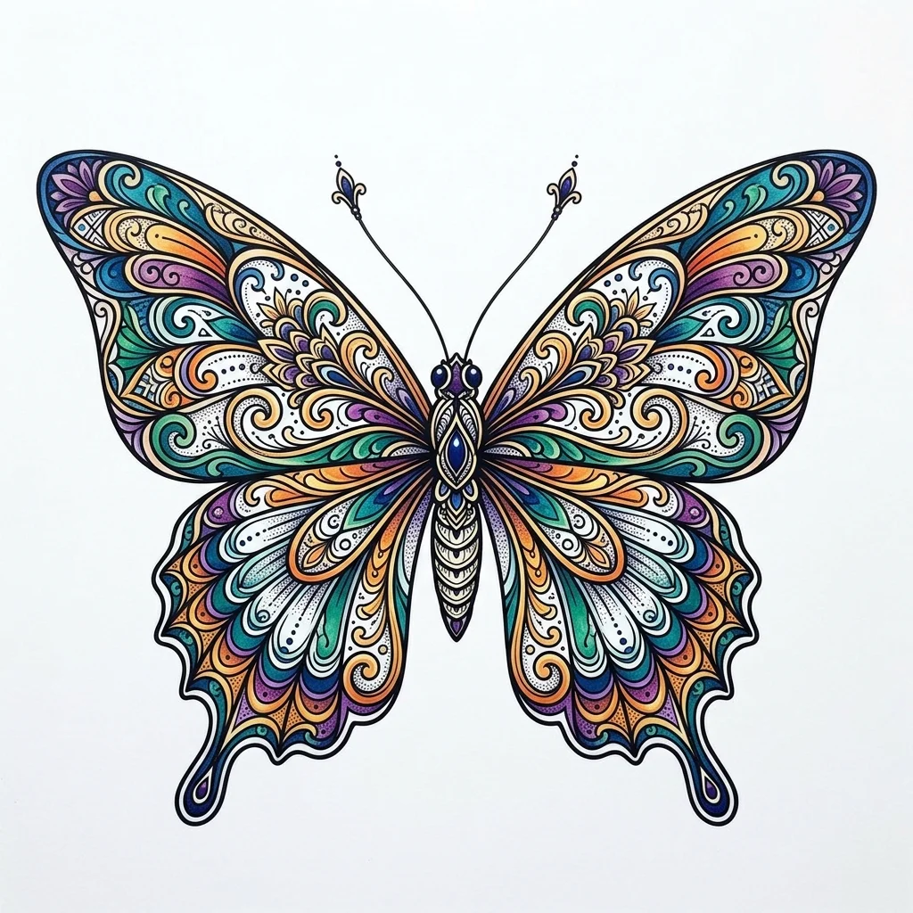 Fine Line Color AI butterfly tattoo — Symmetrical butterfly, no text.