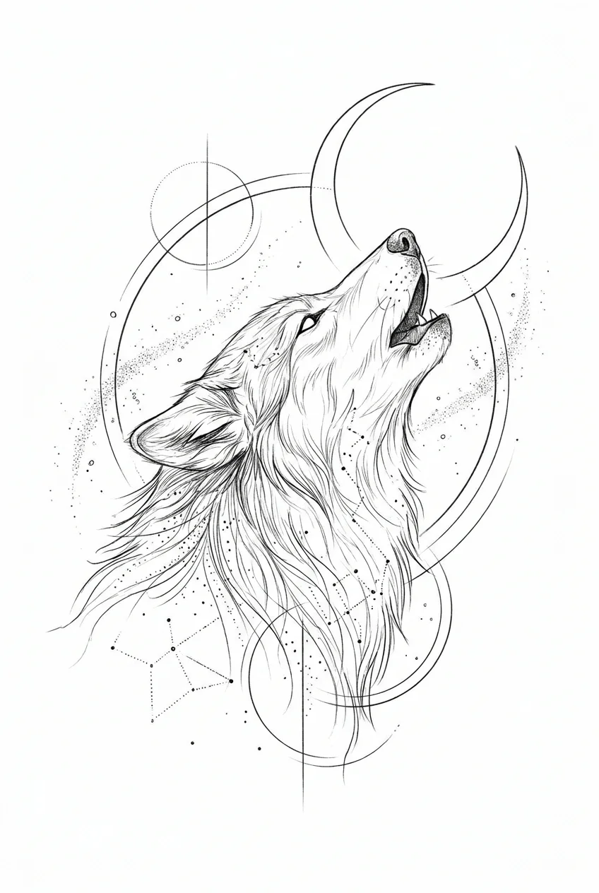 Fine Line Black & White AI wolf tattoo — A serene wolf in profile, its muzzle lifted in a silent howl toward a slender, d