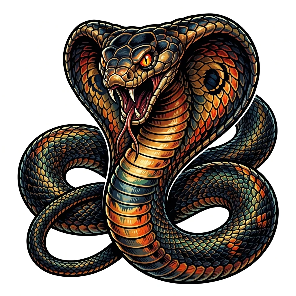 Realism Color AI snake tattoo — Snake tattoo, a large king cobra with flared hood, bold varying line weights, hi
