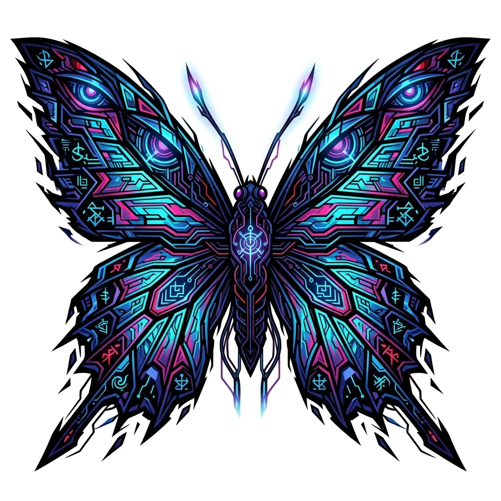 Cybersigilism Color AI butterfly tattoo — Symmetrical butterfly, no text.