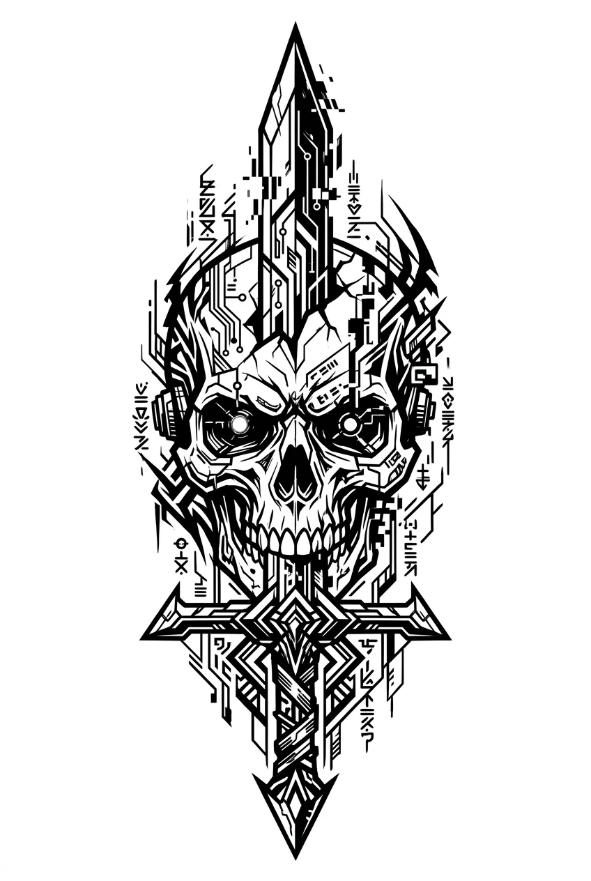 Cybersigilism Black & White AI dagger & sword tattoo — Sword and skull
