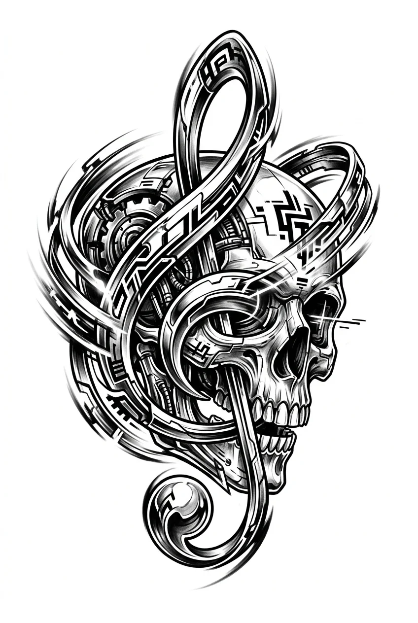 Cybersigilism Black & White AI tattoo — An ultra-realistic 3D tattoo of a biomechanical skull fused with a living treble