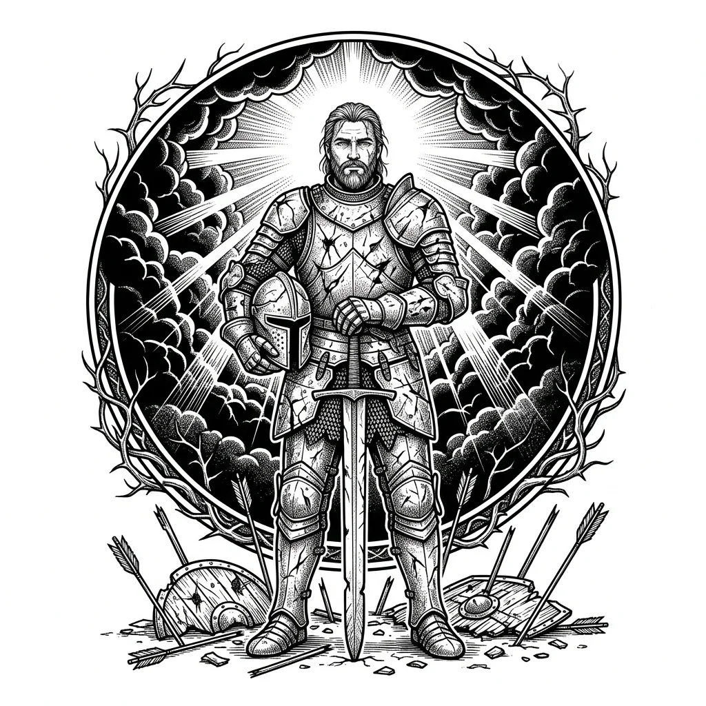 Custom Black & White AI dagger & sword tattoo — A symbolic tattoo representing the word WARRIOR without using any text. A stoic 