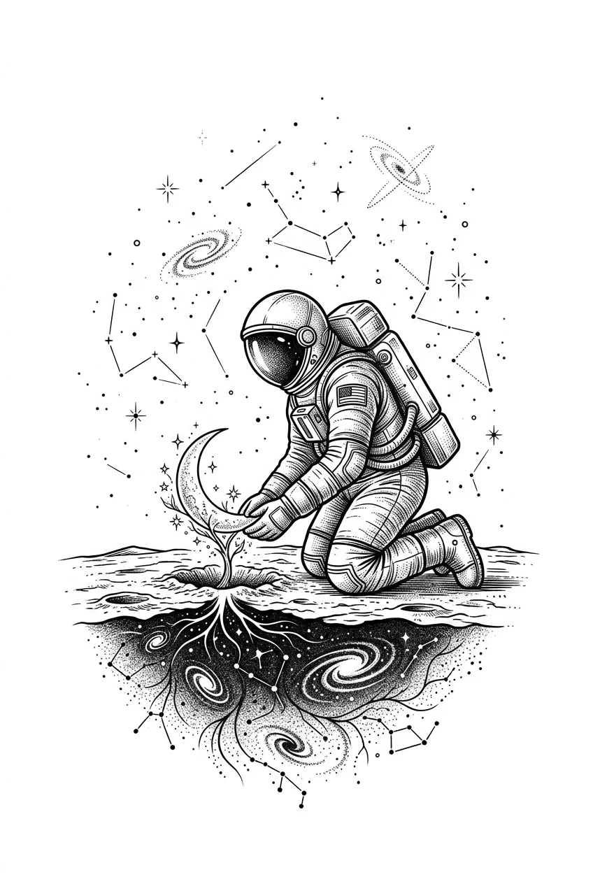Custom Black & White AI moon & sun tattoo — A lone astronaut kneels in an empty cosmic landscape, gently planting a crescent