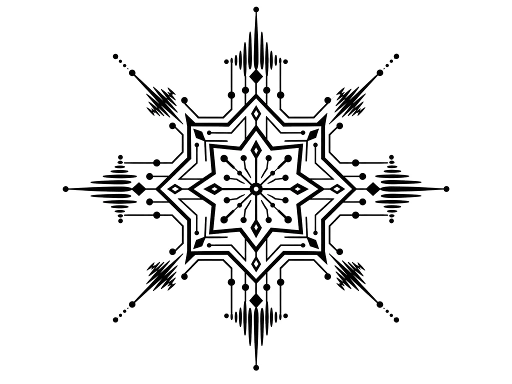 Cybersigilism Black & White AI tattoo — A traditional Persian 8-pointed geometric star (Shamseh / شمسه) whose outward fa