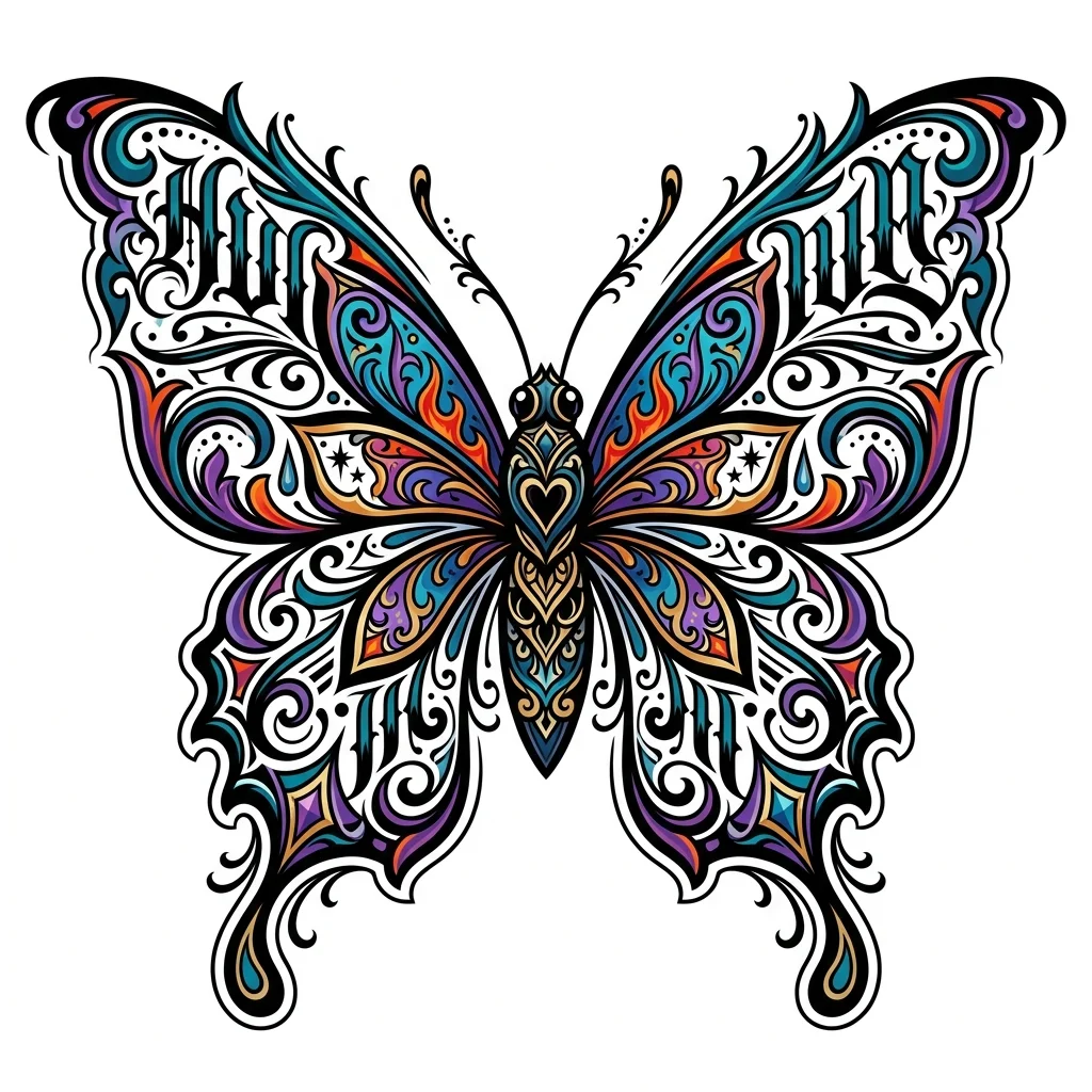 Chicano Lettering Color AI butterfly tattoo — Symmetrical butterfly, no text.