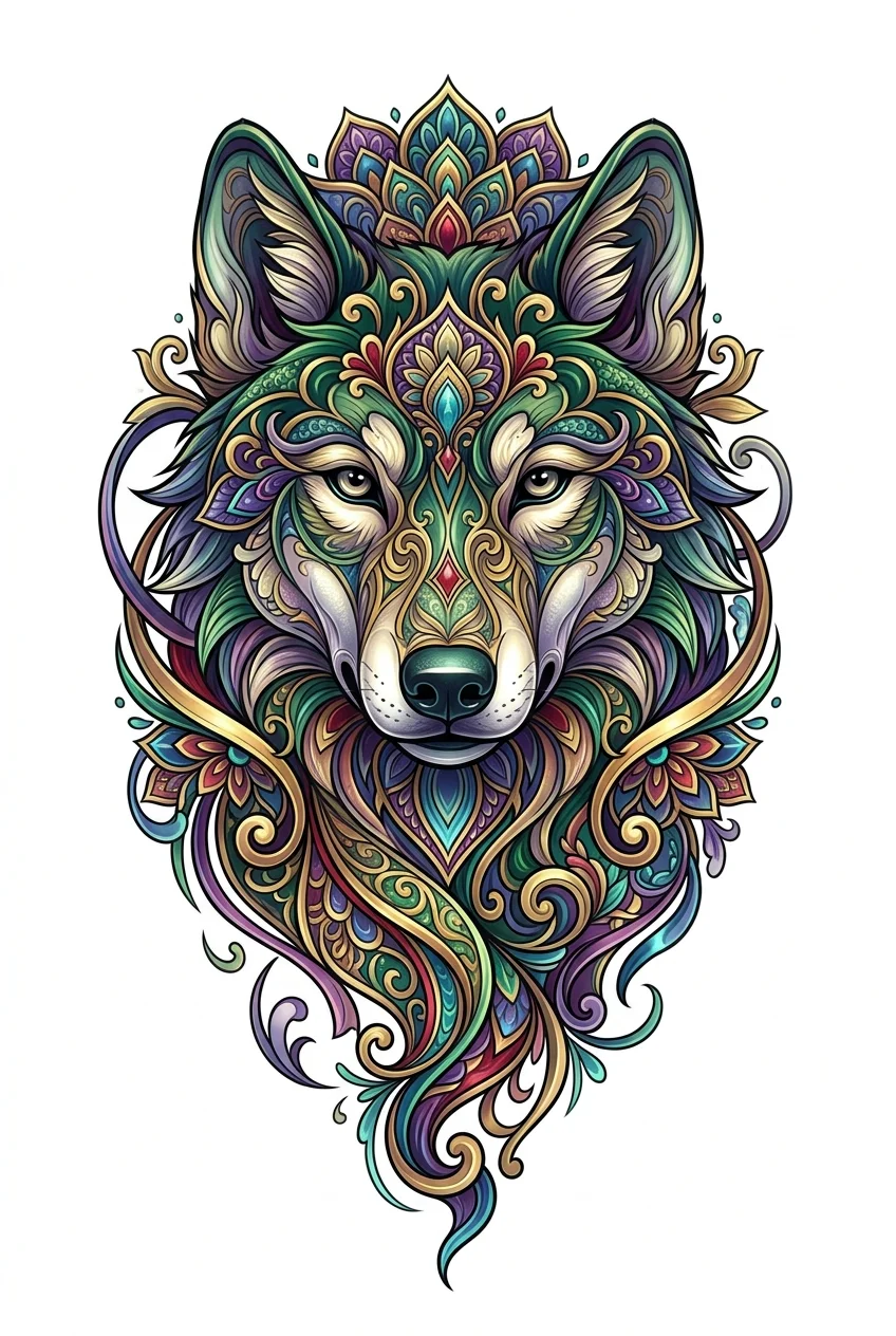 Ornamental Color AI wolf tattoo — Elegant ornamental colorful tattoo design of a Wolfdogs, created with flowing or