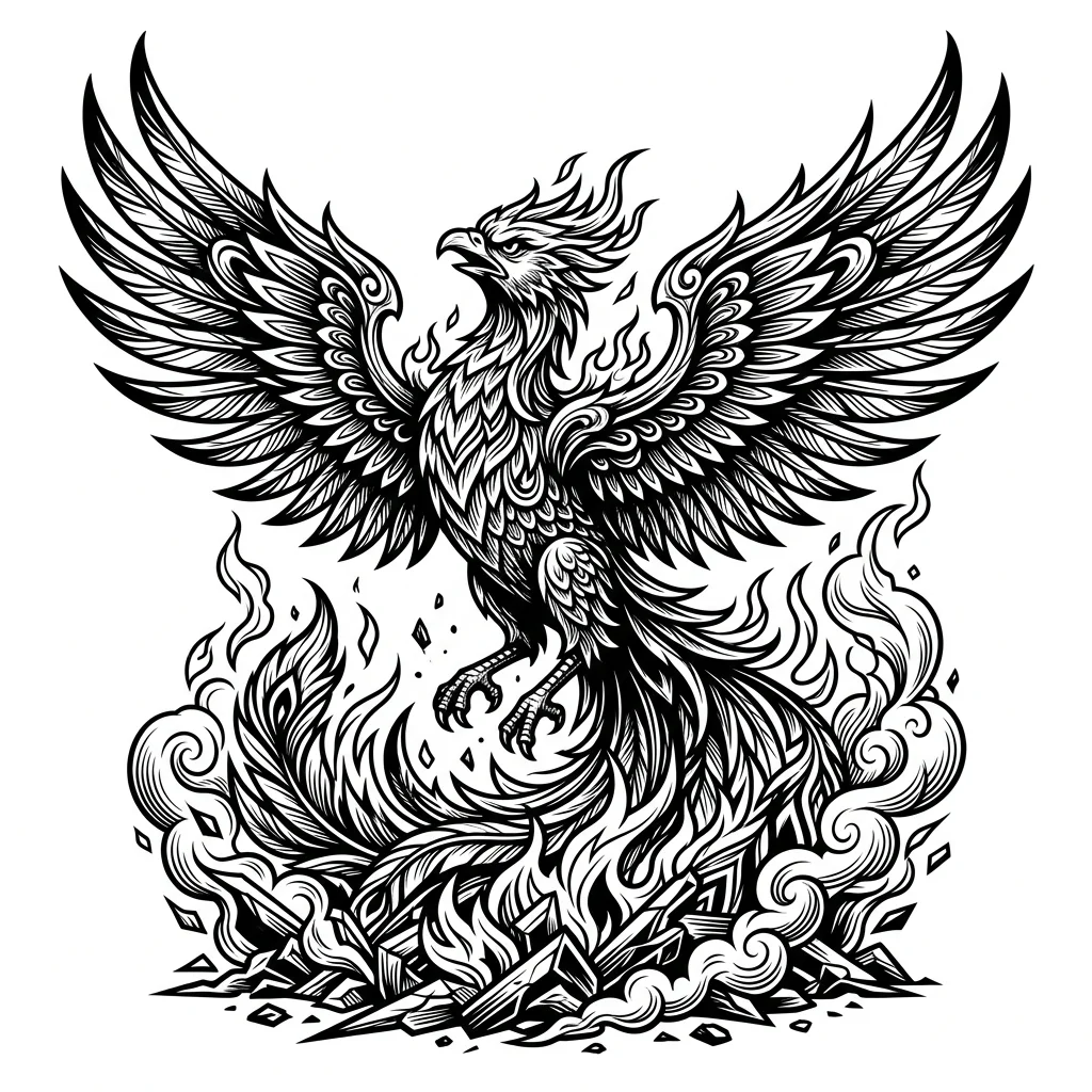 Custom Black & White AI phoenix tattoo — Phoenix  raising up from ash