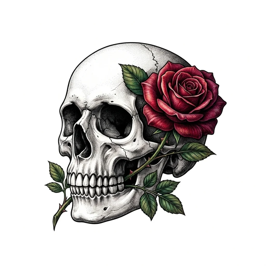Custom Color AI skull tattoo — Rose and Skull lovely, no text