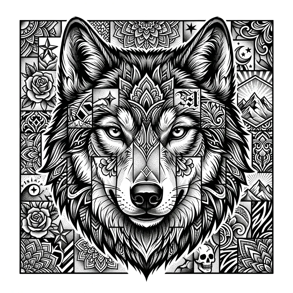 Cohesive Patchwork Black & White AI wolf tattoo — Wolf face, looking just straight to the camera