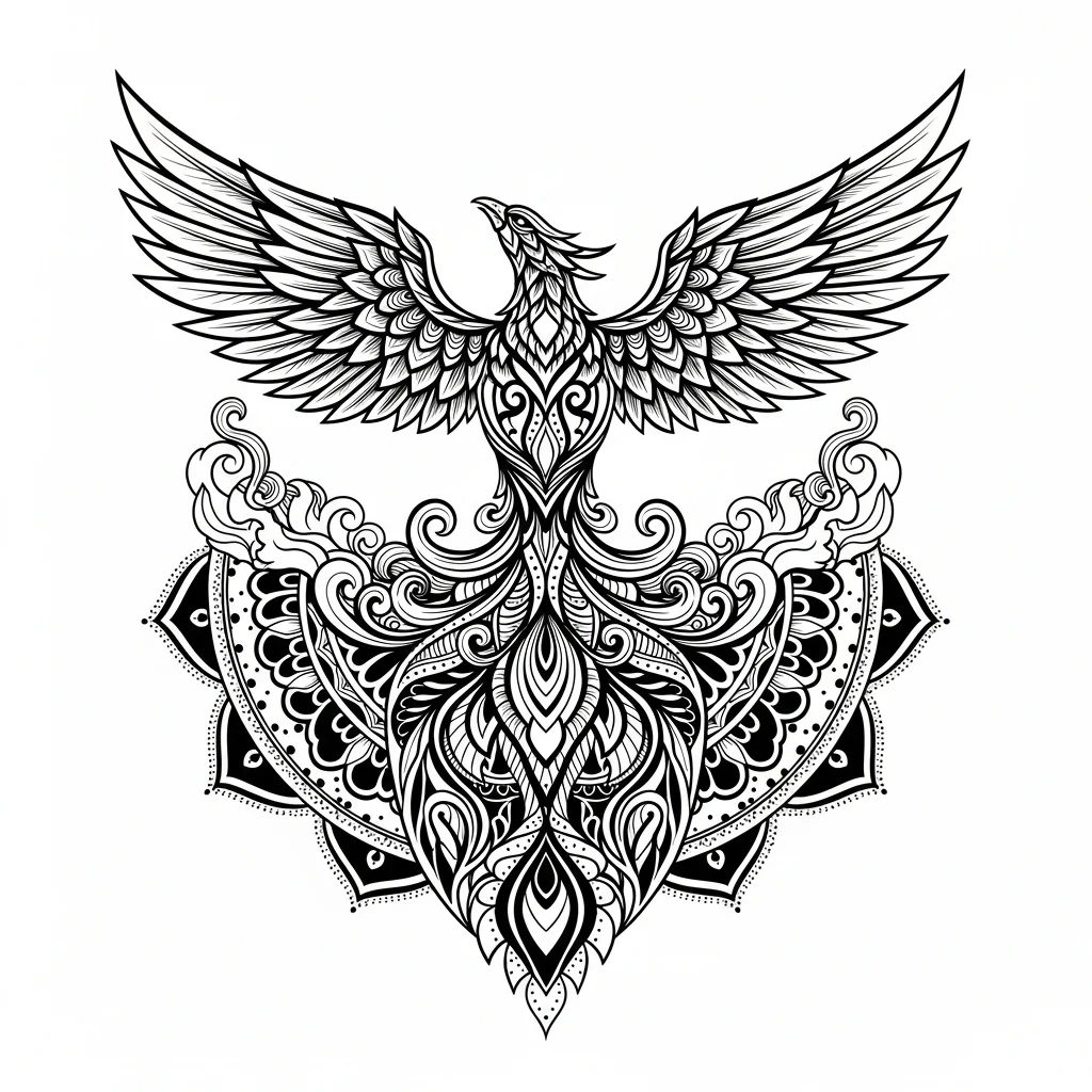 Ornamental Black & White AI phoenix tattoo — Phoenix  raising up from ash